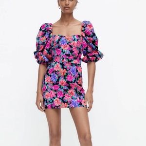 New Zara Floral Cocktail dress, belted, puff sleeves